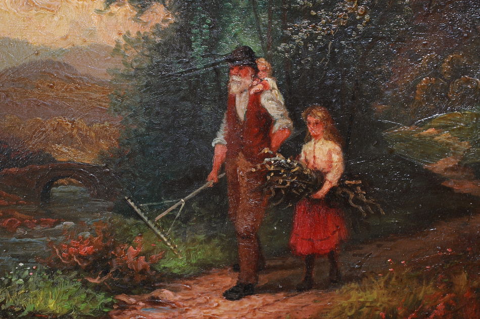 A Man With 2Children Approaching a River/oil paint