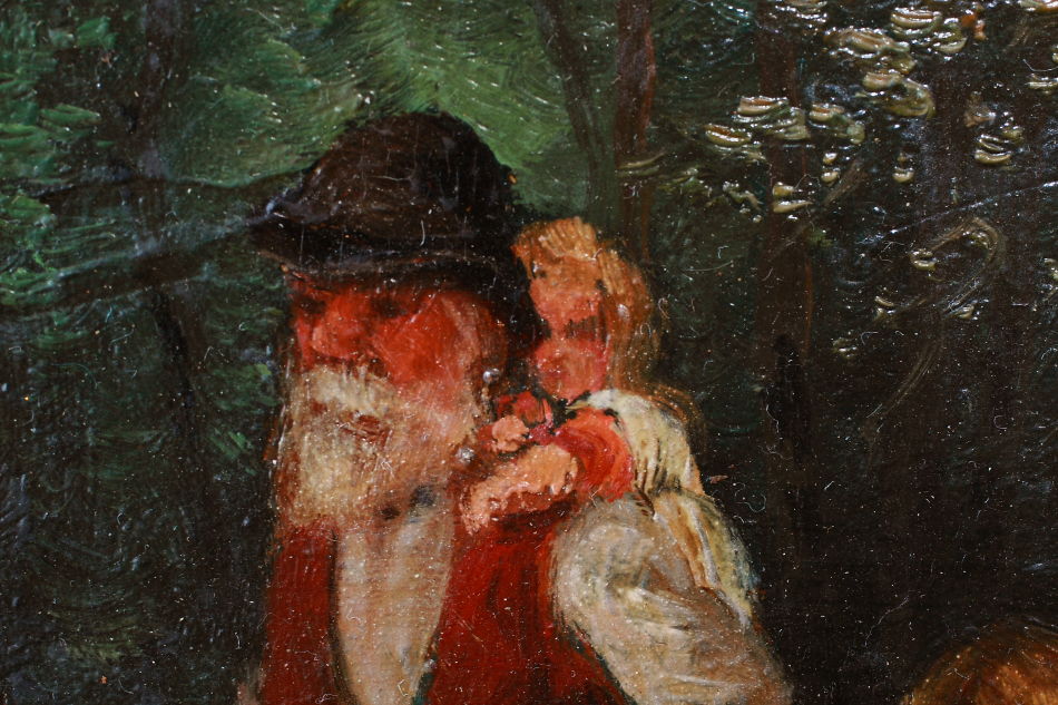A Man With 2Children Approaching a River/oil paint