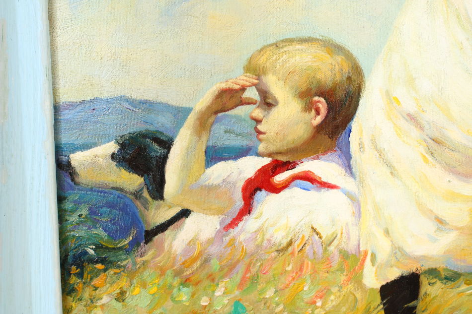 Woman and child standing in grassland/Oil Painting