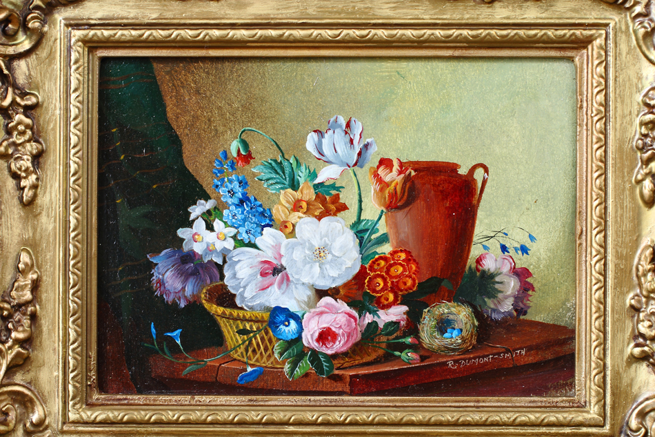 Mixed flowers in a cage on a table / Oil Painting