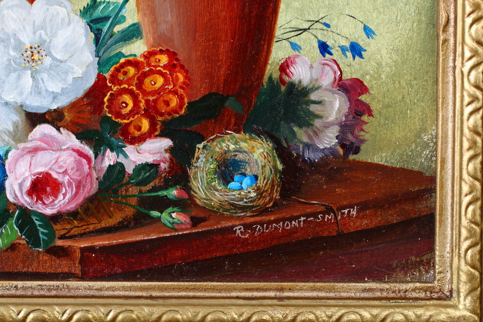 Mixed flowers in a cage on a table / Oil Painting