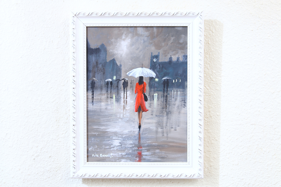 Red coat in evening rain / Oil Painting