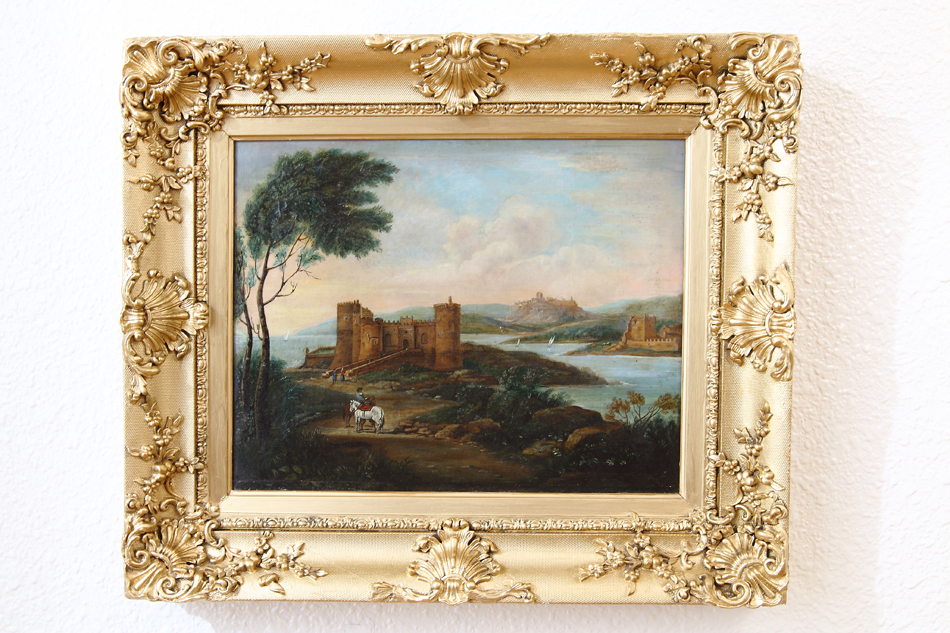 Figures In a Classical River Castle / Oil Painting