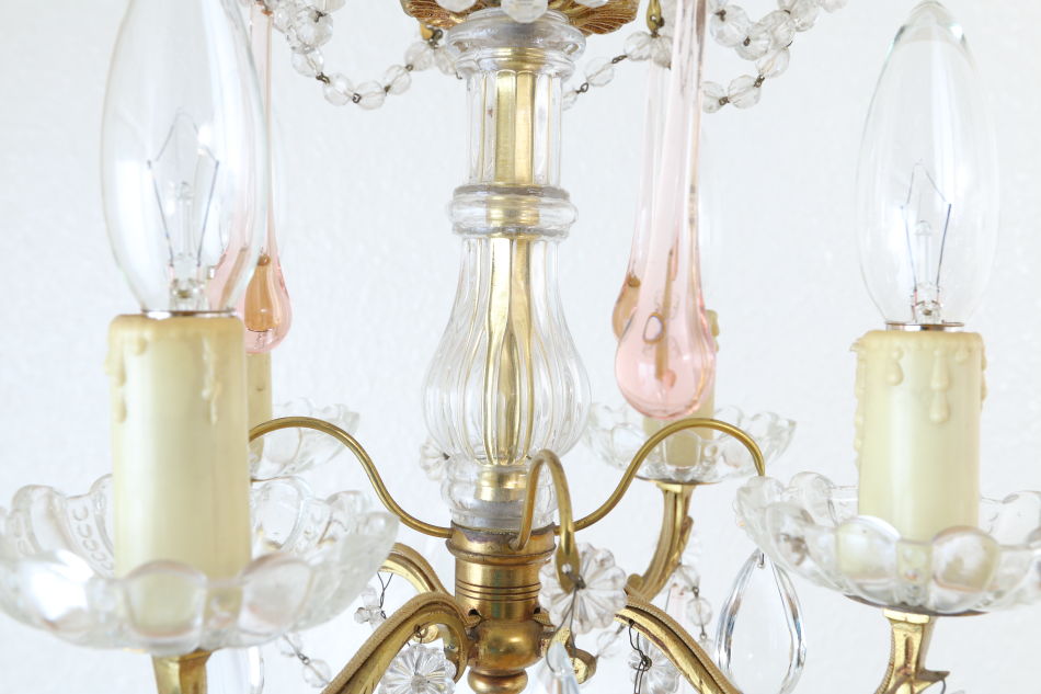 ムラーノピンクガラス&クリアドロップ ゴールドギルトシャンデリア(4灯)